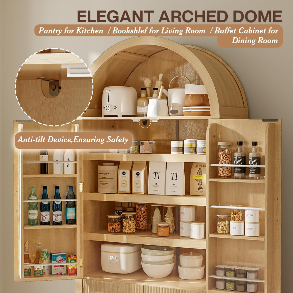 OFIKA 71" Arched Kitchen Pantry Cabinet, Fluted Wood Storage with 3 Shel...