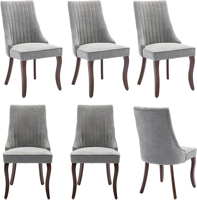 Dining Chairs Set of 6,Comfy Fabric Upholstered Accent Chairs for Kitchen Living Room,Channel Tufted Dining Room Chairs with Curved Solid Wood Legs(Gray)