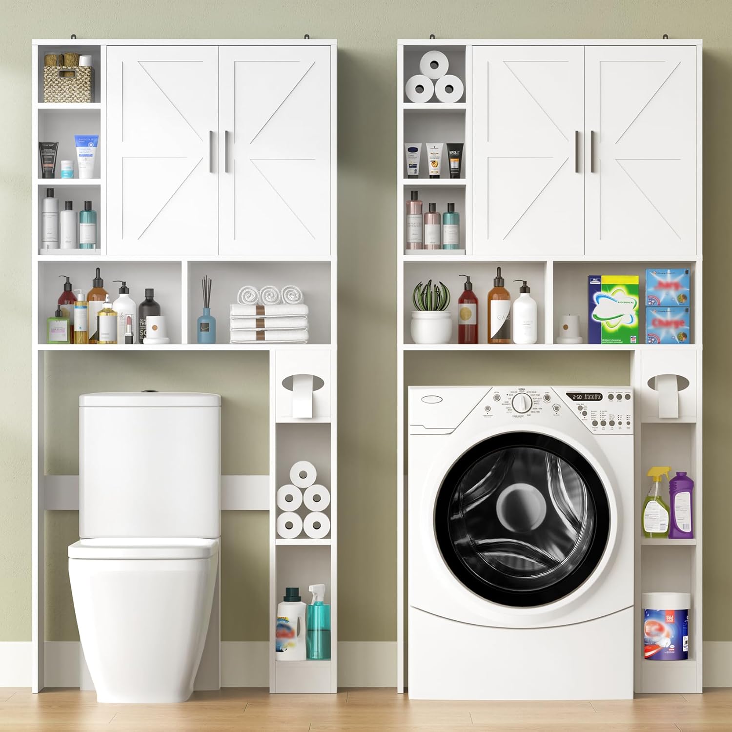 Winkalon Over The Toilet Storage Cabinet with 2 Barn Doors and Adjustable Shelves, Freestanding Toilet Shelf Organizer with Toilet Paper Holder, Space Saver for Bathroom, Restroom, Laundry