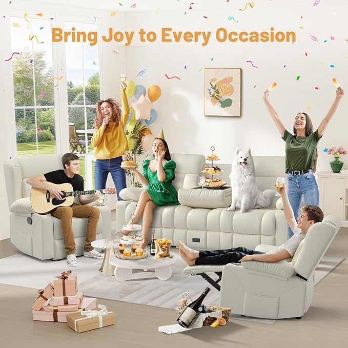 Recliner Sofa Set, Flip Middle Backrest Design PU Leather 3 Seater Reclining Sofa and 2PC Single Recliner Chair, Manual Couches for Living Room (Ivory, PU 3+1+1)