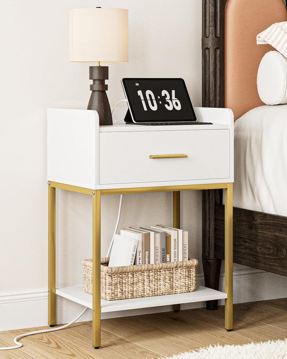 Nightstand with Charging Station, Modern Bedside Table with Drawer and Legs,W...