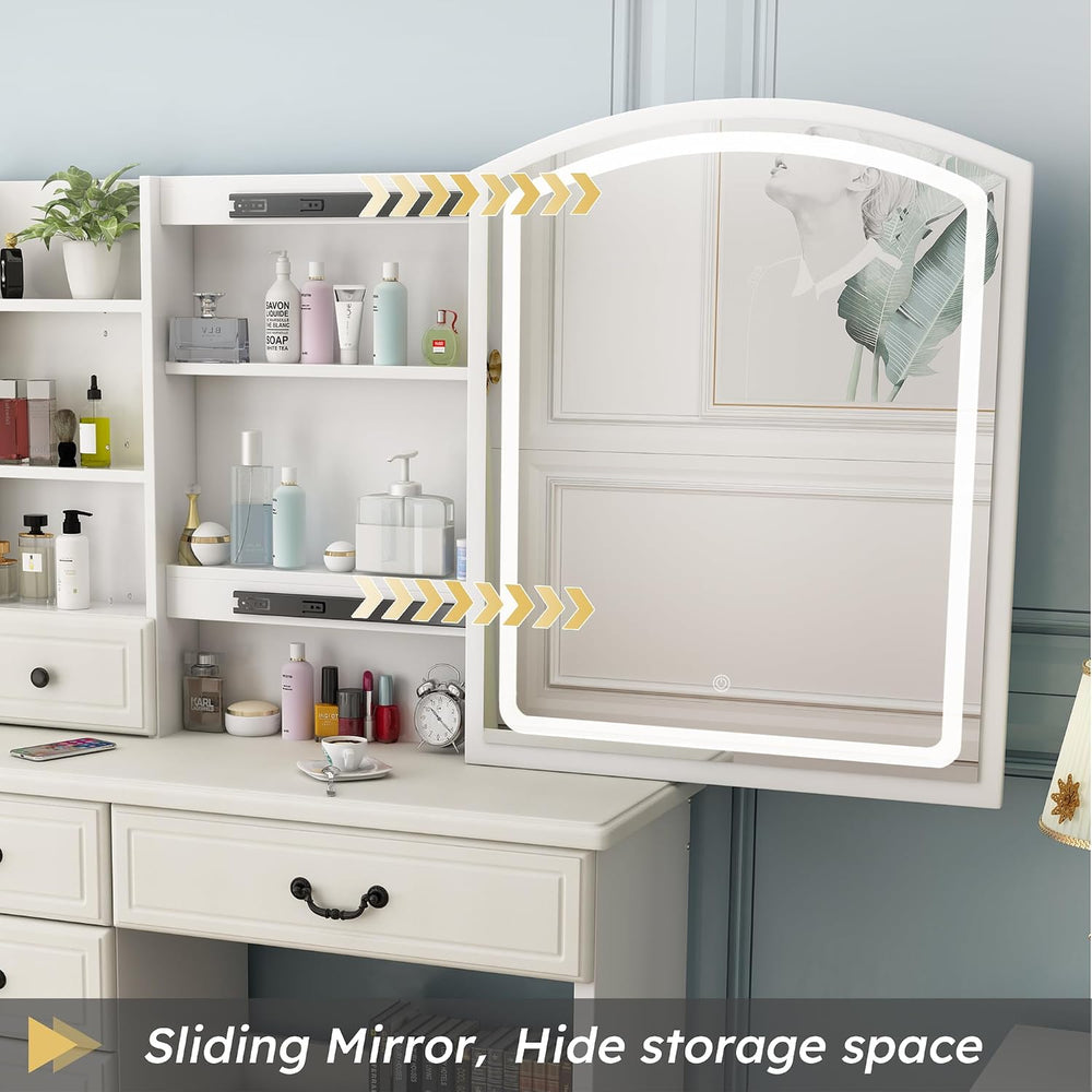Vanity Desk Set with Lighted Mirror and Upholstered Stool, Vanity Table with ...