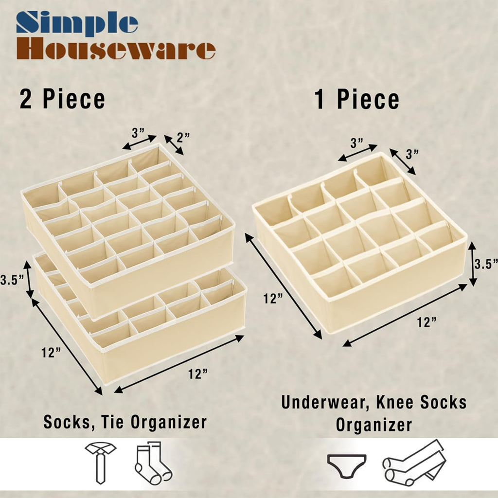 Simple Houseware Sock Drawer Organizer for Dresser/Closet/Bedroom, 3 Pack, Beige