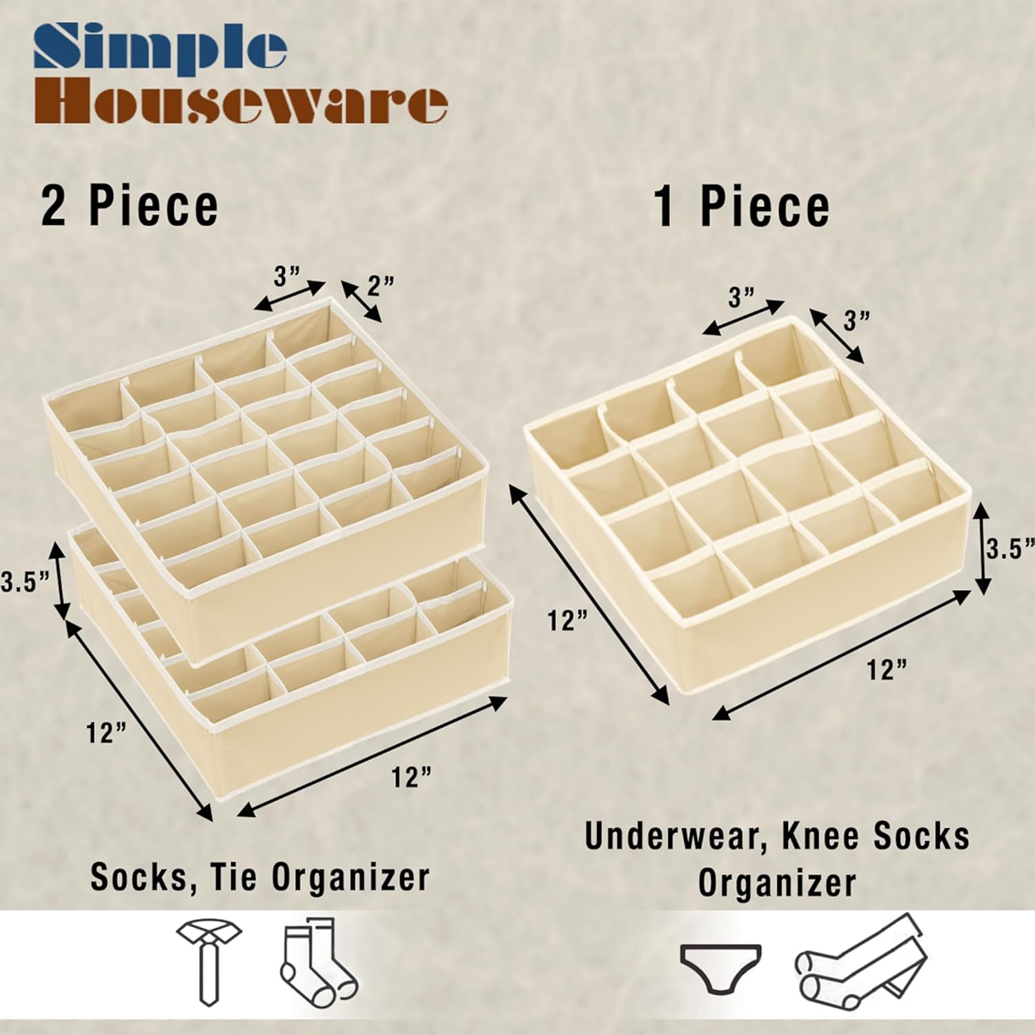 Simple Houseware Sock Drawer Organizer for Dresser/Closet/Bedroom, 3 Pack, Beige