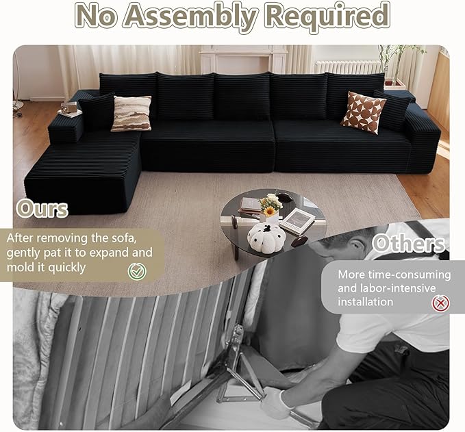166.9" Cloud Sectional Couch with L-Shape Chaise, Modern Modular Comfy Sofa Chaise Longue, Upholstered Corduroy Couches Sleeper with Deep Seat for Living Room Bedroom, No Assembly Required, Black