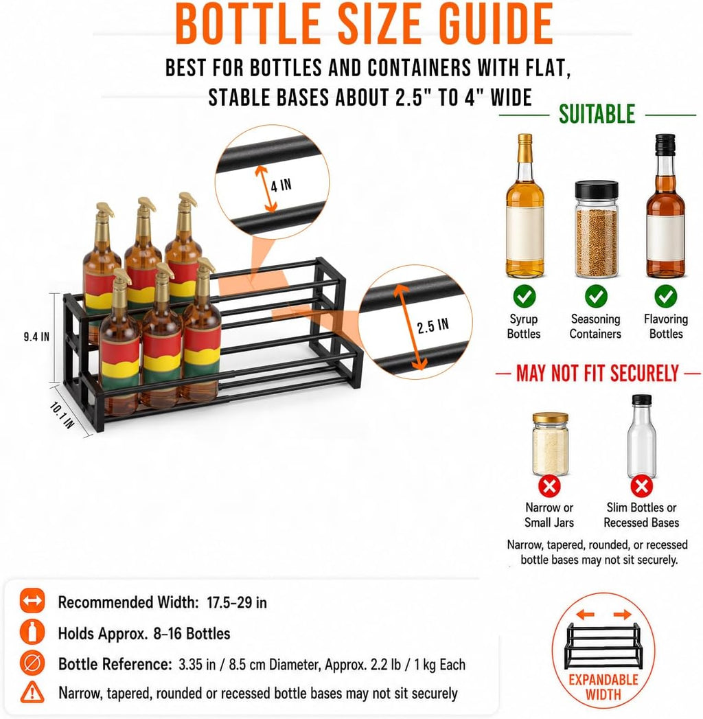 Large Expandable Coffee Syrup Organizer, Syrup Rack for 8-16 Bottles | 17.5 to 29 Inch Adjustable Width, Heavy-Duty Metal Syrup Stand, Countertop Coffee Bar Organizer for Kitchen, Cafe & Home Bar