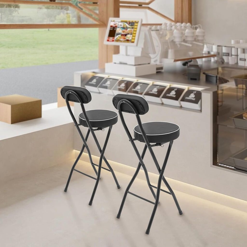 Cushioned Padded Folding Stool, 2PCS Tall Foldable Stools with Backrest, Bar Folding Stool, Portable Collapsible Counter Height Chair for Kitchen Island Shop Cafe Dining (Black)