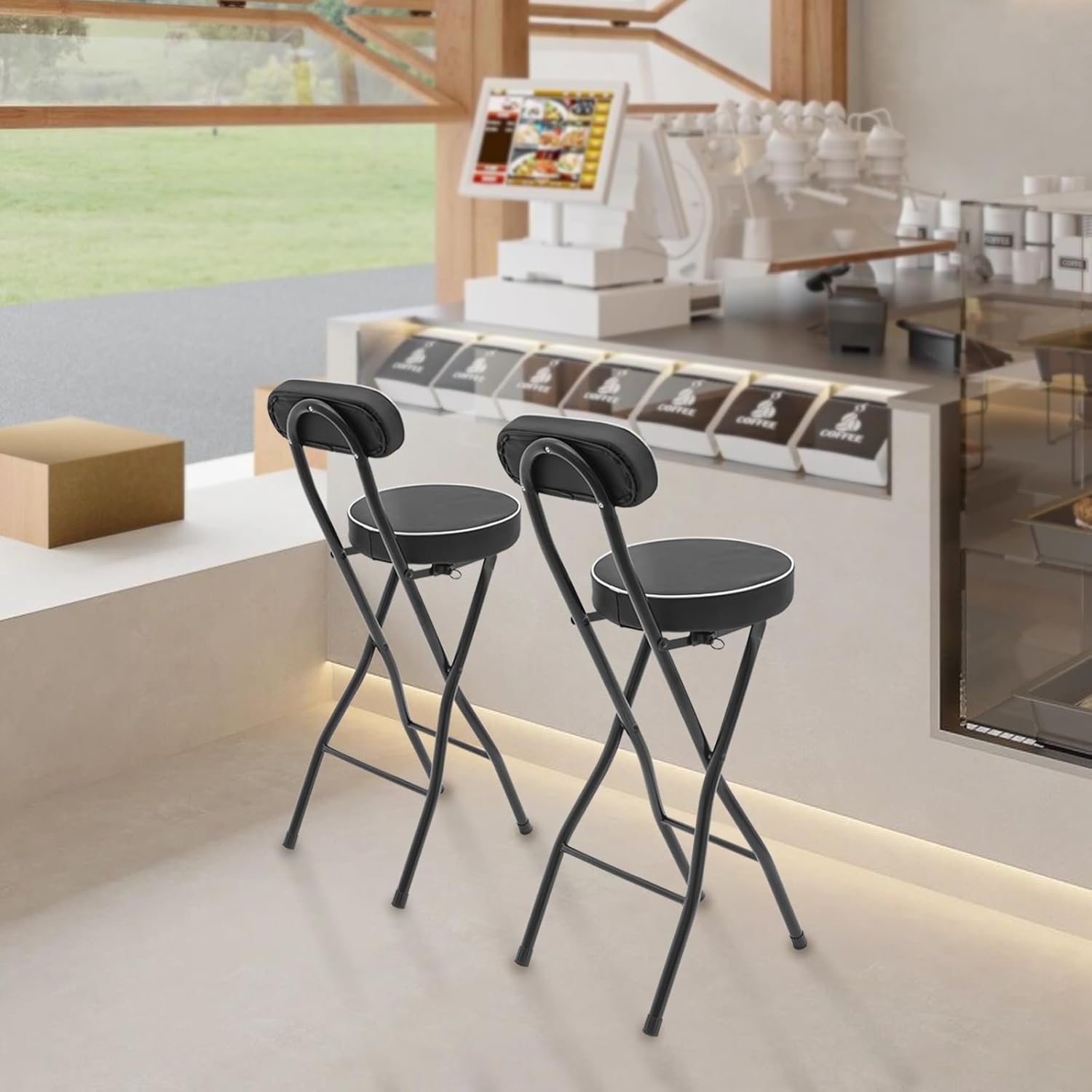 Cushioned Padded Folding Stool, 2PCS Tall Foldable Stools with Backrest, Bar Folding Stool, Portable Collapsible Counter Height Chair for Kitchen Island Shop Cafe Dining (Black)
