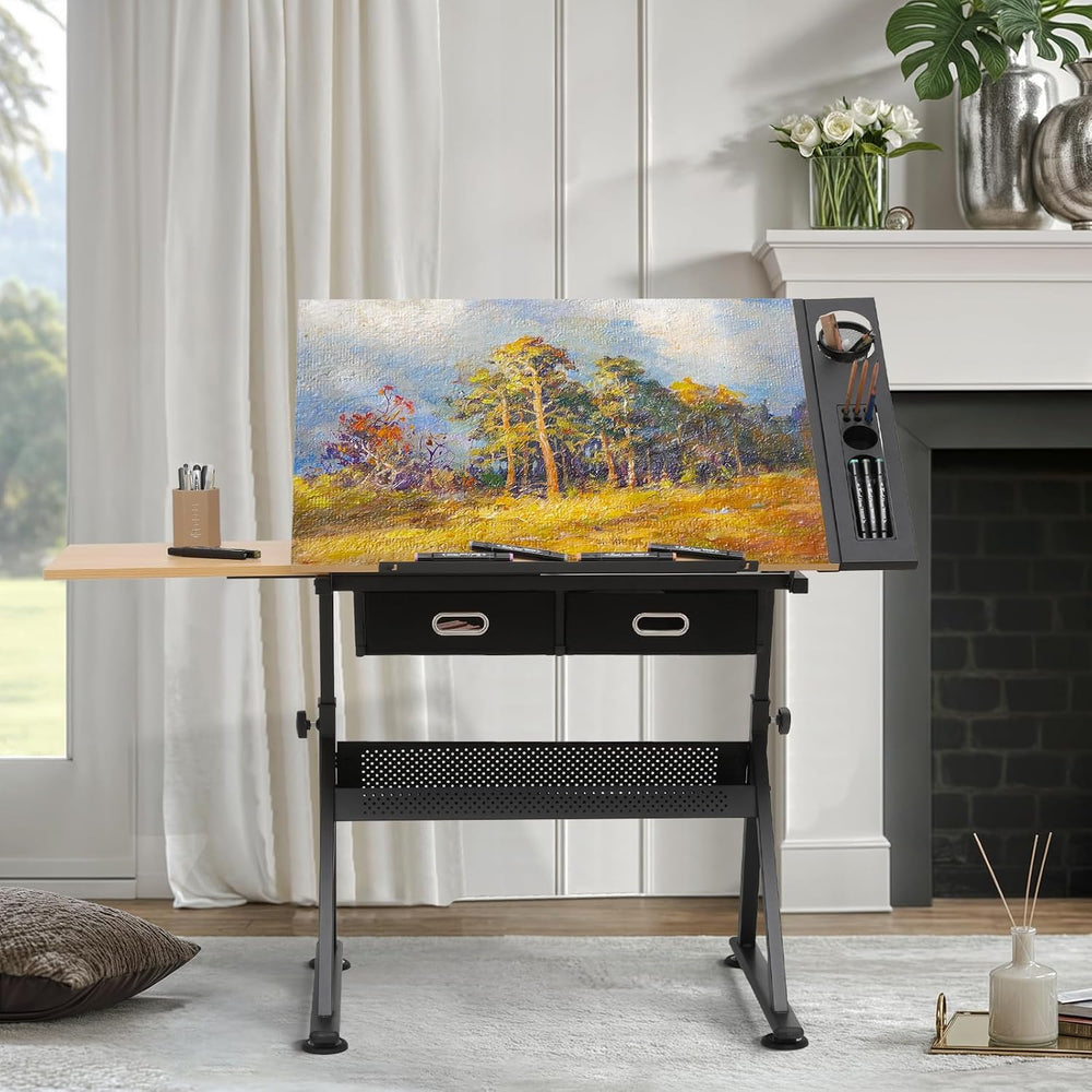 MoNiBloom 39‘’ Adjustable Drafting Table & Stool Set with Storage, Natura...