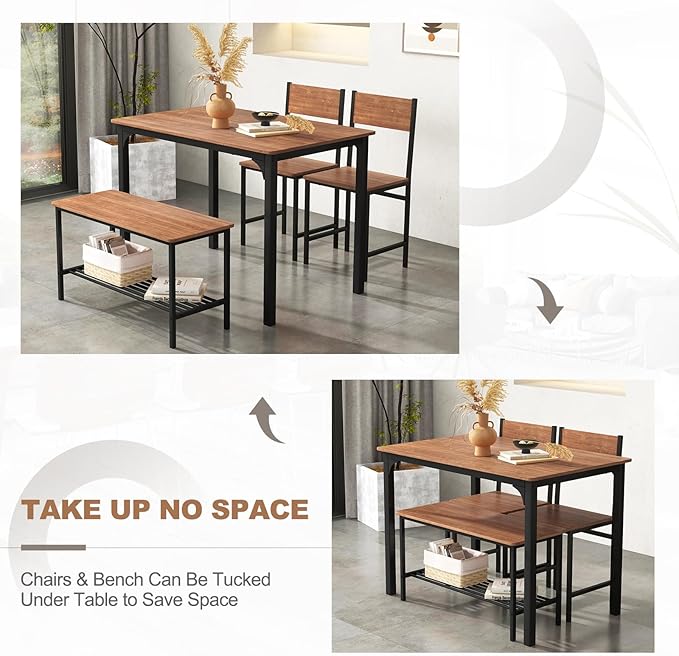 Giantex Dining Table Set for 4, 43" Kitchen Table and Chairs, Dining Bench with Metal Frame & Storage Rack, 4-Piece Modern Functional Desk Set for Dinette, Small Space, Apartment, Restaurant, Walnut