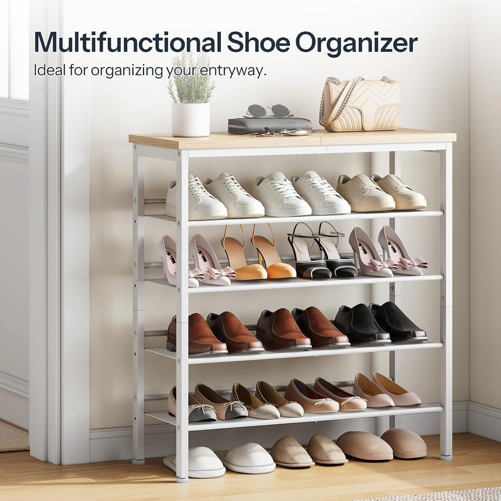 HOOBRO Shoe Rack for Entryway, 5-Tier Shoe Organizer with Adjustable Mesh Shelves, 12-16 Pairs of Shoes, Spacious Floor Mount, Metal, Industrial, Shoe Shelf for Closet, Natural and White WN12XJ01
