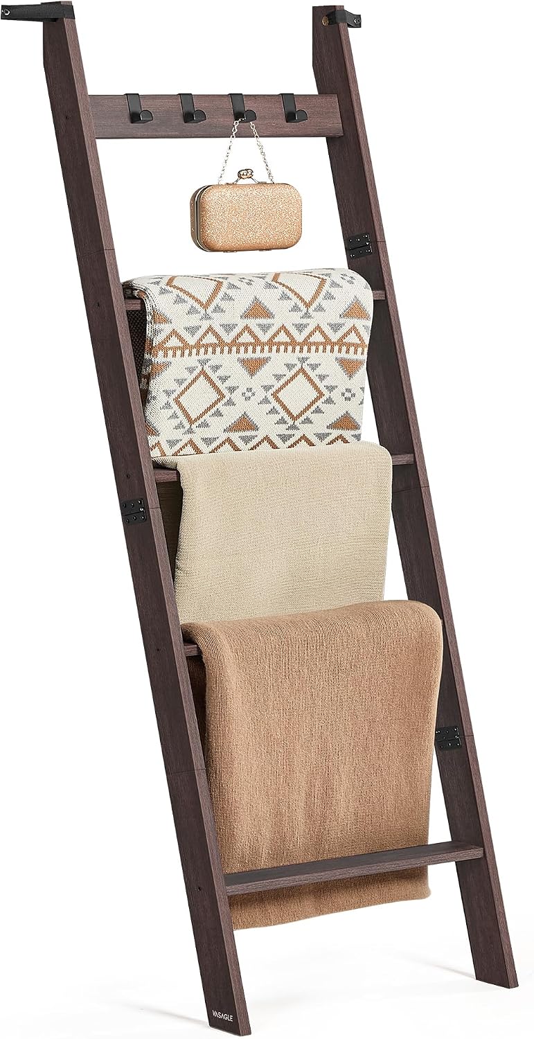 VASAGLE CUSTOS Collection - Blanket Ladder Shelf, 5-Tier Ladder Rack for Storage and Decor with 4 Removable Hooks, Decorative Farmhouse for the Living Room, Maroon Brown ULLS028K01