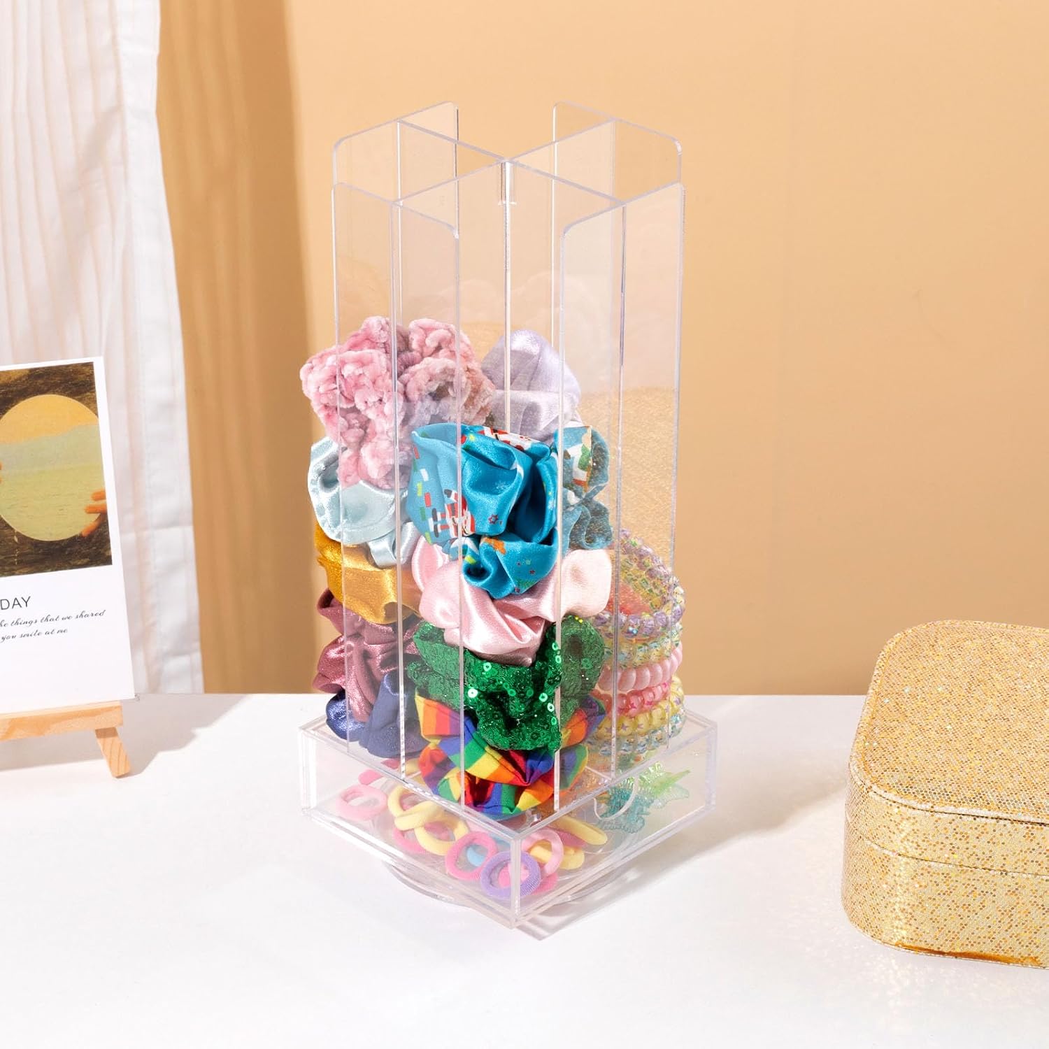 OAOLEER Acrylic Scrunchie Holder Organizer with drawer, Hair Ties Display Stand, 4 Tier Hair Accessories Organizer Storage for Bracelets Bangle Watches (Type C)