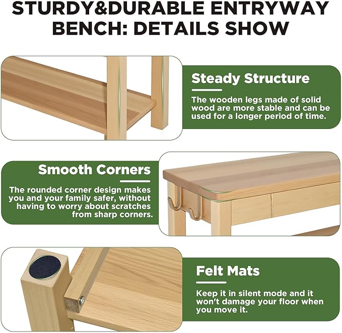 Wood Shoe Bench Entryway with Drawer: 2-Tiers Wooden Storage Shoe Rack with Bench Seat, Compact Mid-Century Modern Design for Entryway, Hallway, Closet, Front Door Entrance, Foyer