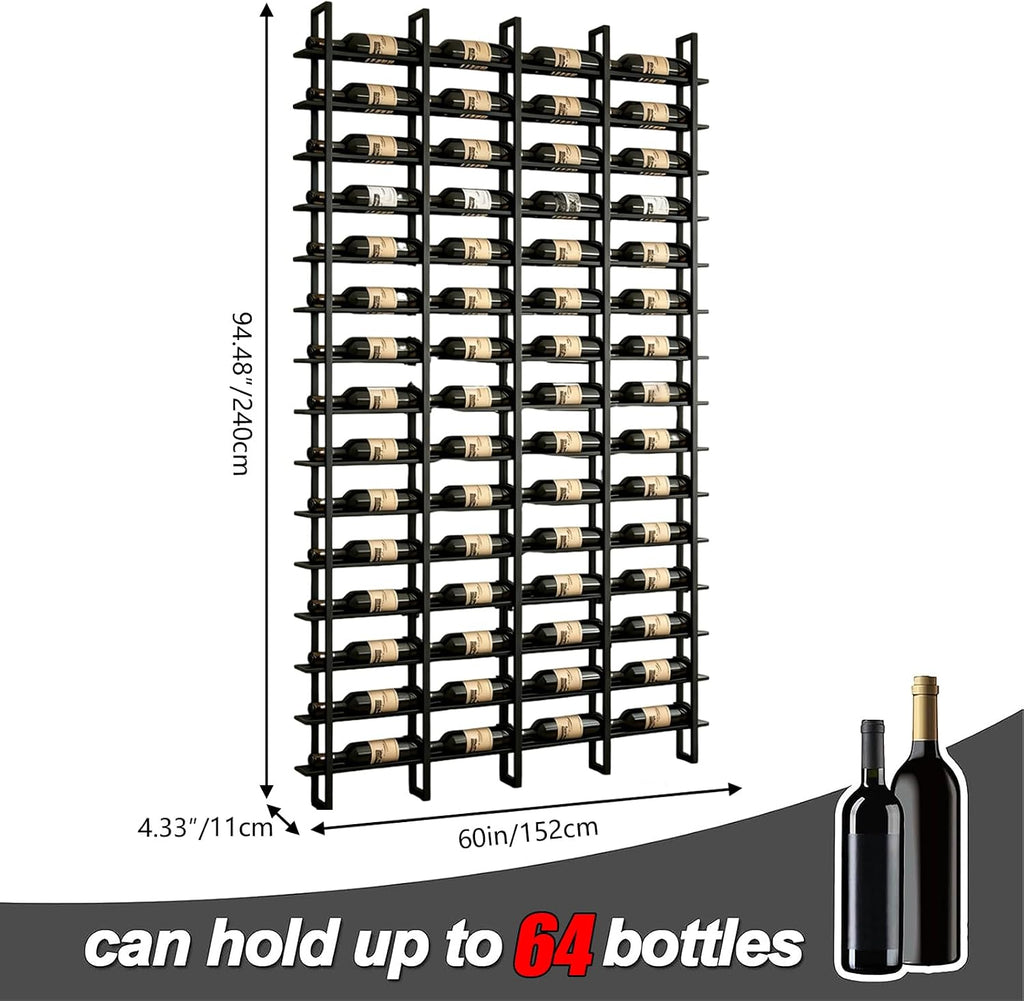 Large Wall Mount Wine Rack, 16 Tier 64 Bottle Wine Storage Organizer Display Holder, Metal Liquor Display for Wine Cellars, Home Bars, Kitchens, and Dining Rooms (Black, 64 Bottles)