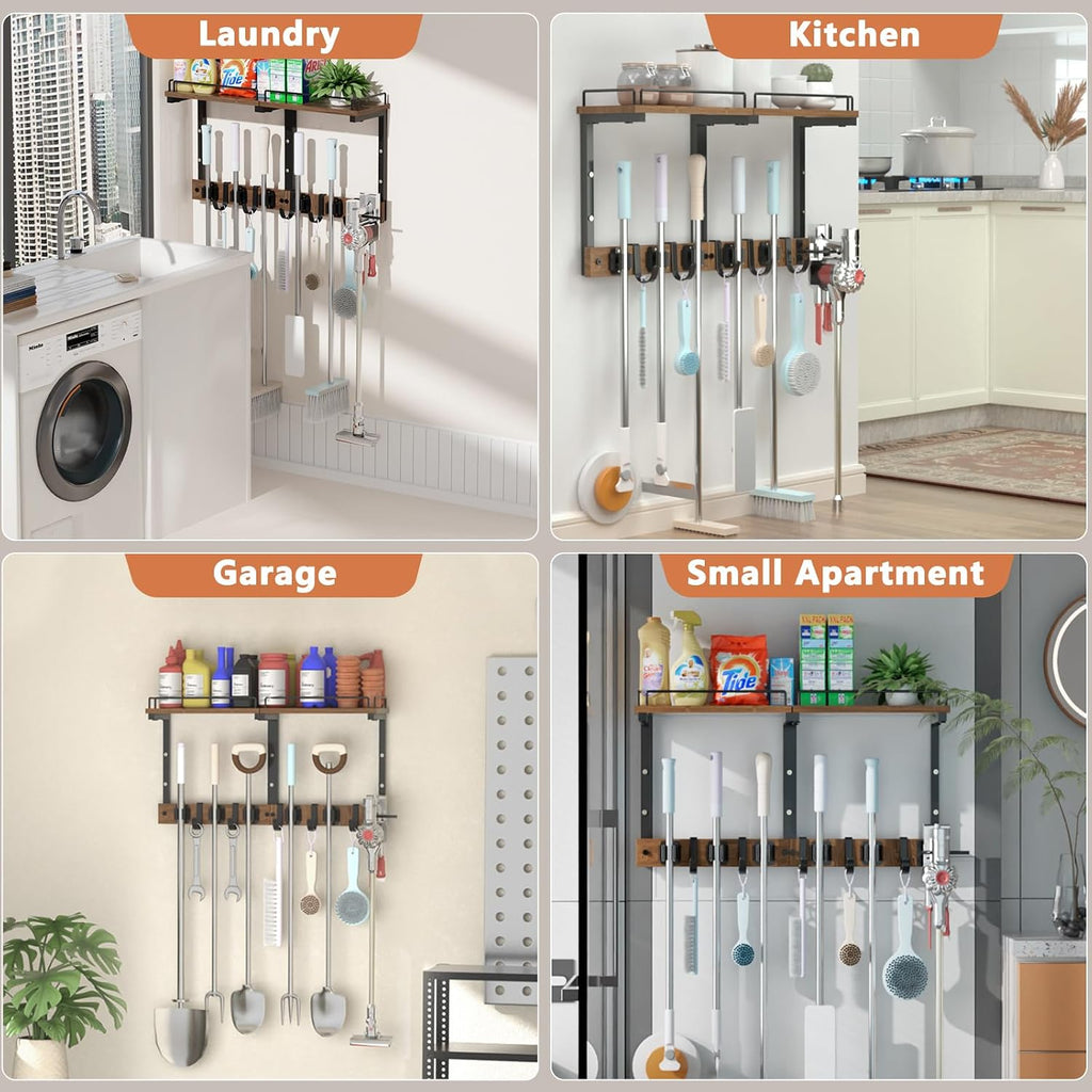 Mop Holder Wall Mount with Cleaning Supplies Organizer, Wood Mop and Broom Hanger Rack Organizer with Anti-Fall Wall Shelf with 5 Clips & Hooks for Garage Laundry Room Kitchen (Dark)