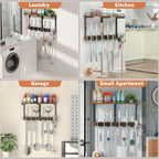 Mop Holder Wall Mount with Cleaning Supplies Organizer, Wood Mop and Broom Hanger Rack Organizer with Anti-Fall Wall Shelf with 5 Clips & Hooks for Garage Laundry Room Kitchen (Dark)