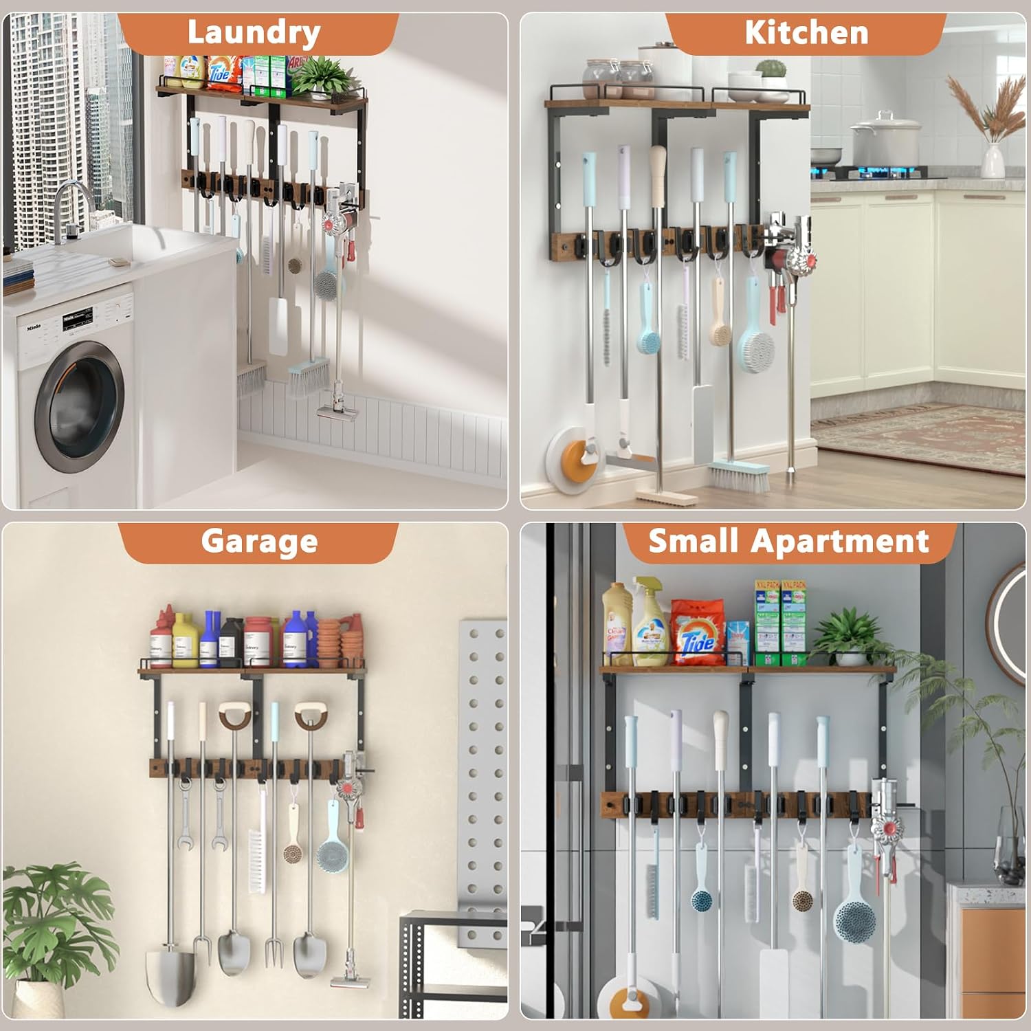 Mop Holder Wall Mount with Cleaning Supplies Organizer, Wood Mop and Broom Hanger Rack Organizer with Anti-Fall Wall Shelf with 5 Clips & Hooks for Garage Laundry Room Kitchen (Dark)