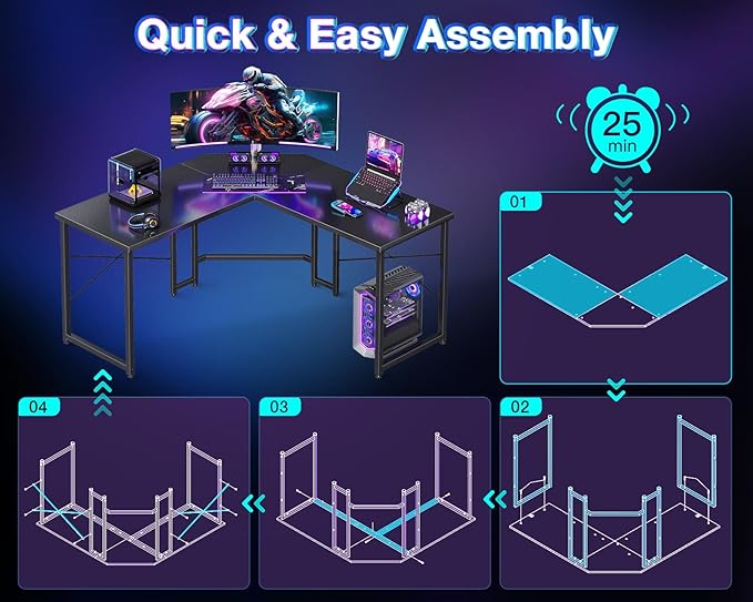 Casaottima L Shaped Gaming Desk, Corner Desk Gaming Table for Home Office, Computer Desk Sturdy Writing Workstation for Small Space, Easy to Assemble, 51 inch, Carbon Fiber Surface, Black