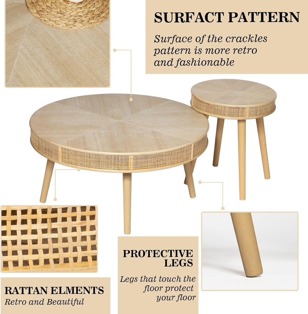 Wnutrees Farmhouse Round Coffee Table, Rustic Sofa Side Tea Set, Natural | 2 ...