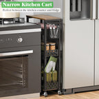 4 Tier Slim Rolling Storage Cart Laundry Room Organzier with Wheels | Small metal bathroom cart，kitchen organizer, trolley with handle and mesh basket, 7.1 inch width for narrow space, black