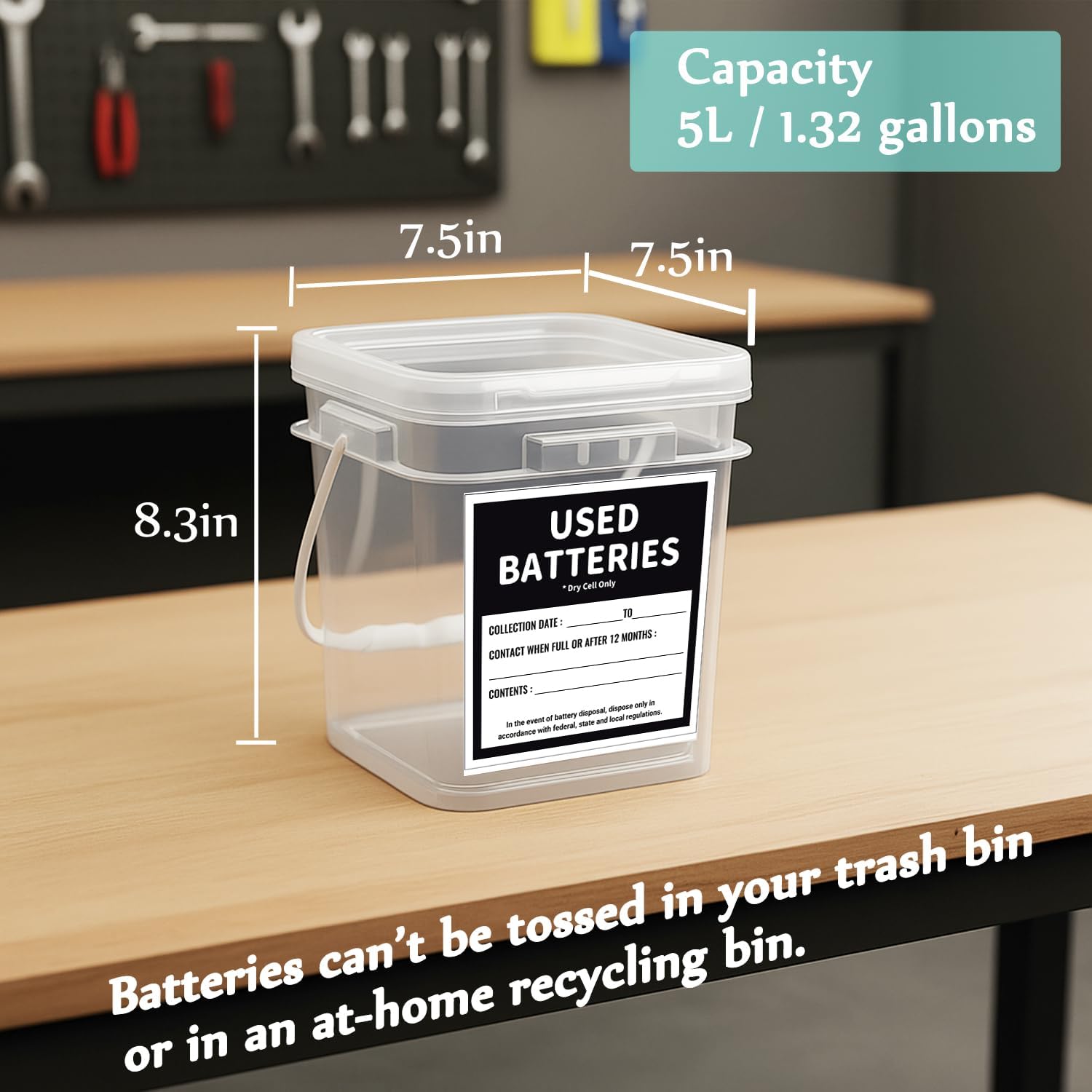 2 Pcs Battery Recycling Container with Battery Testers for Household Batteries, Used Battery Disposal Container with lid for Home Use, Office, Garage, Schools (1.32 Gallon)