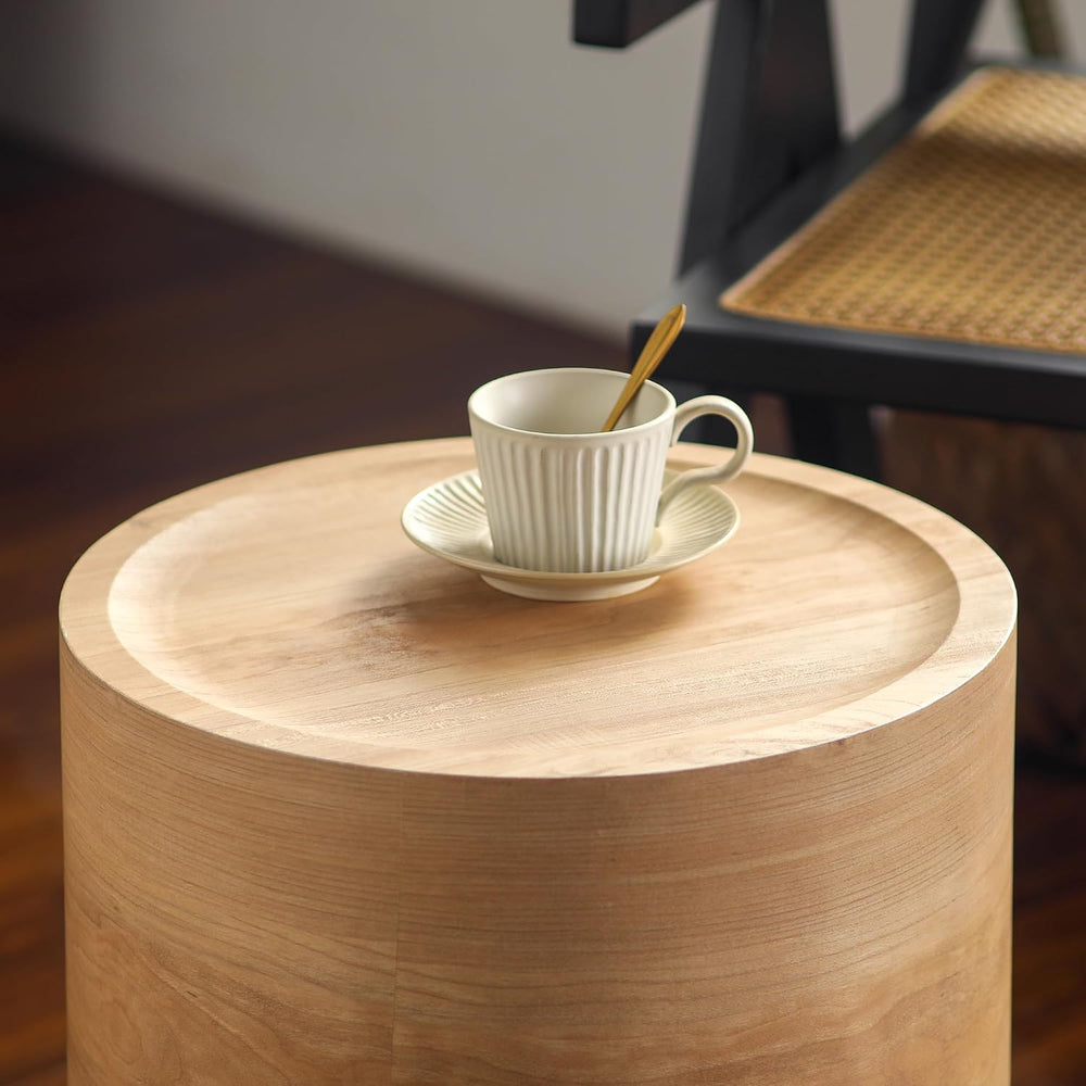 Round Drum Side Table Modern Natural Wood Color Small Accent Coffee Tables fo...