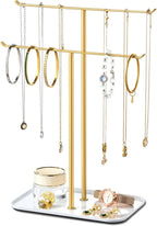 pickpiff Necklace Holder Jewelry Organizer Stand – 2‑Tier T‑Bar Jewelry Display Tree with Tray for Countertop Necklace Bracelet Earring Storage, Vanity Dresser Bathroom Sink, Gold