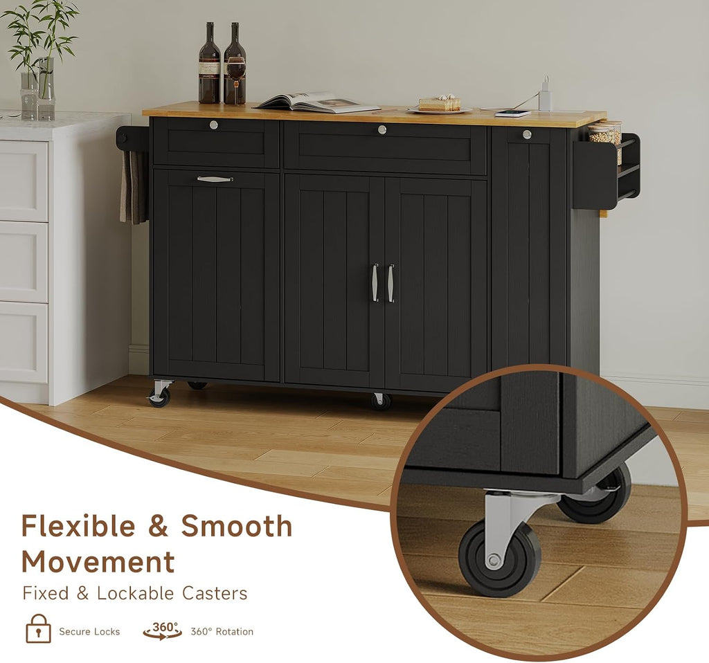 ONBRILL Kitchen Island with Storage, Island Table with Drop Leaf and Power Outlet, Kitchen Island on Wheels with Trash Cabinet, Spice Rack & Towel Rack, Black