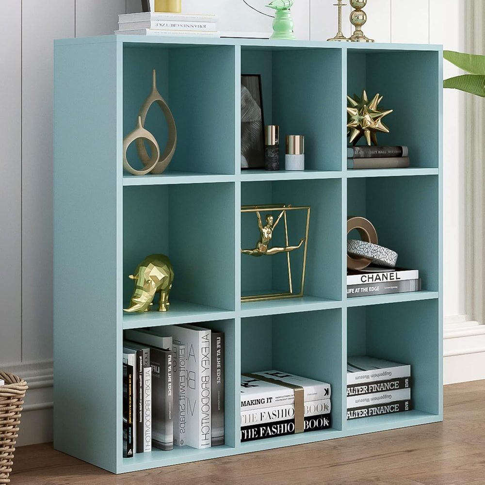 9-Cube Storage Shelf Bookcase - Wooden 3-Tier Floor Standing Open Bookshelf f...