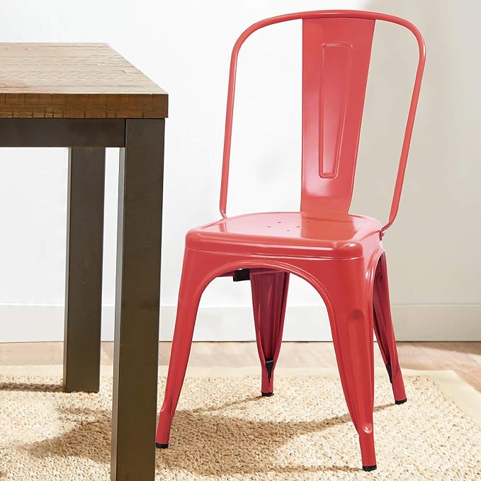 Devoko Metal Indoor-Outdoor Chairs Distressed Style Kitchen Dining Chairs Stackable Side Chair with Back Set of 4 (Red)