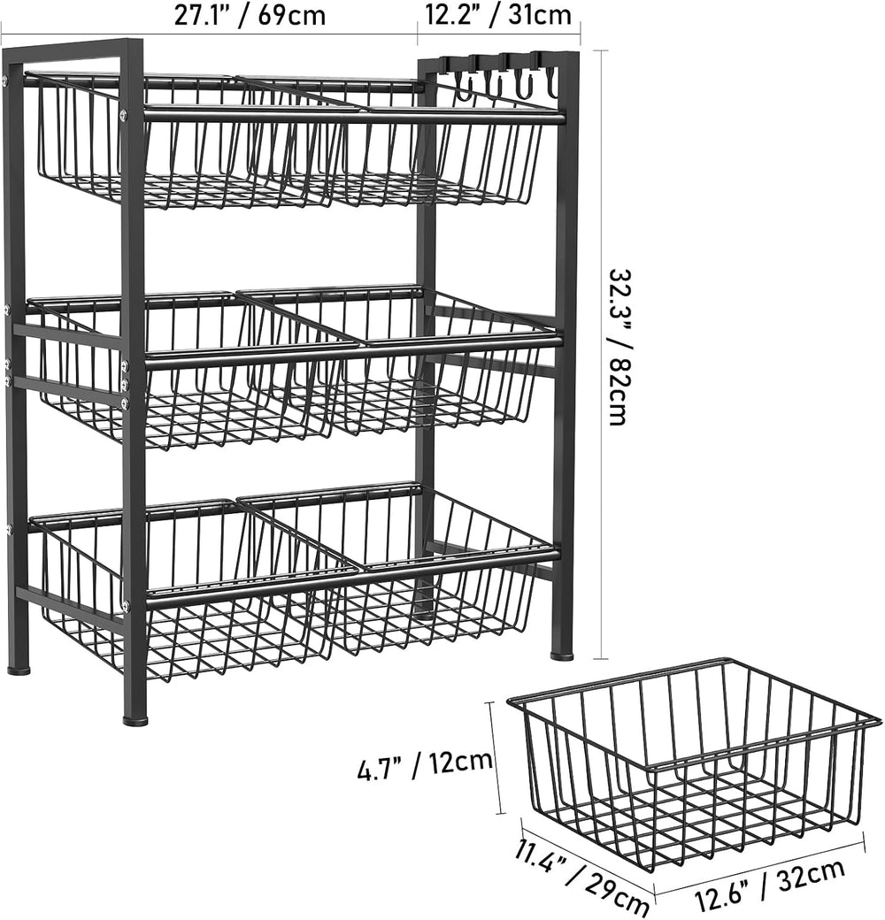 Hastatii Kitchen Storage Basket Shelf, Snack Basket Shelf, 3 Tier Fruit Veget...