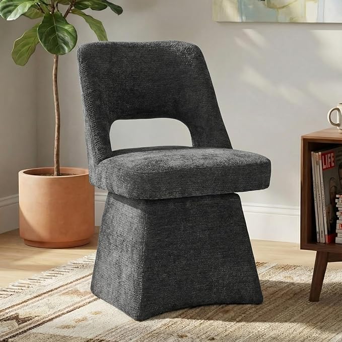 VKNOW Upholstered Swivel Dining Chairs, Modern Dining Room Chairs with Open Back, Chenille Fabric Kitchen Chairs for Dining Room, Living Room, Bedroom, Vanity, Black(1 Pack)