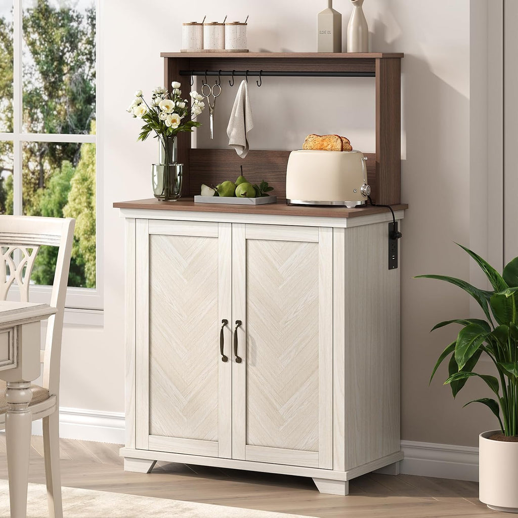 JOINICE Farmhouse Coffee Bar Cabinet with Storage and Charging, White | Herringbone Panel,31.5" Countertop Space,Loads To 100lbs,Open Top Shelf+Adjustable Shelf,USB/AC,6-Hook,Easy Assembly