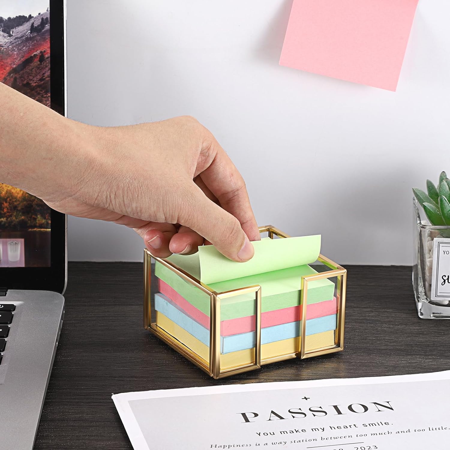 BTSKY Golden Glass Sticky Note Holder for 3x3 Inch Sticky Notes, Elegant Post It Note Dispenser with Non-Slip Pads Clear Notepad Holder for Desk Organization Planning, Home Office Decor
