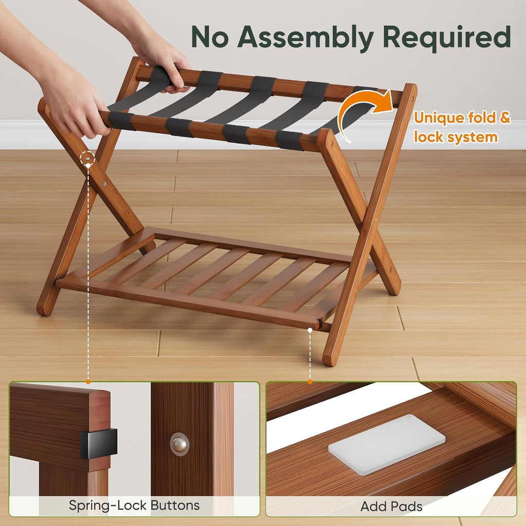 Smart FENDEE Fully Assembled Bamboo Luggage Rack, Walnut Folding Suitcase Stand with Shoe Shelf, Heavy-Duty Luggage Holder for Guest Room Must Haves, Bedroom, Hotel, 1 Pack