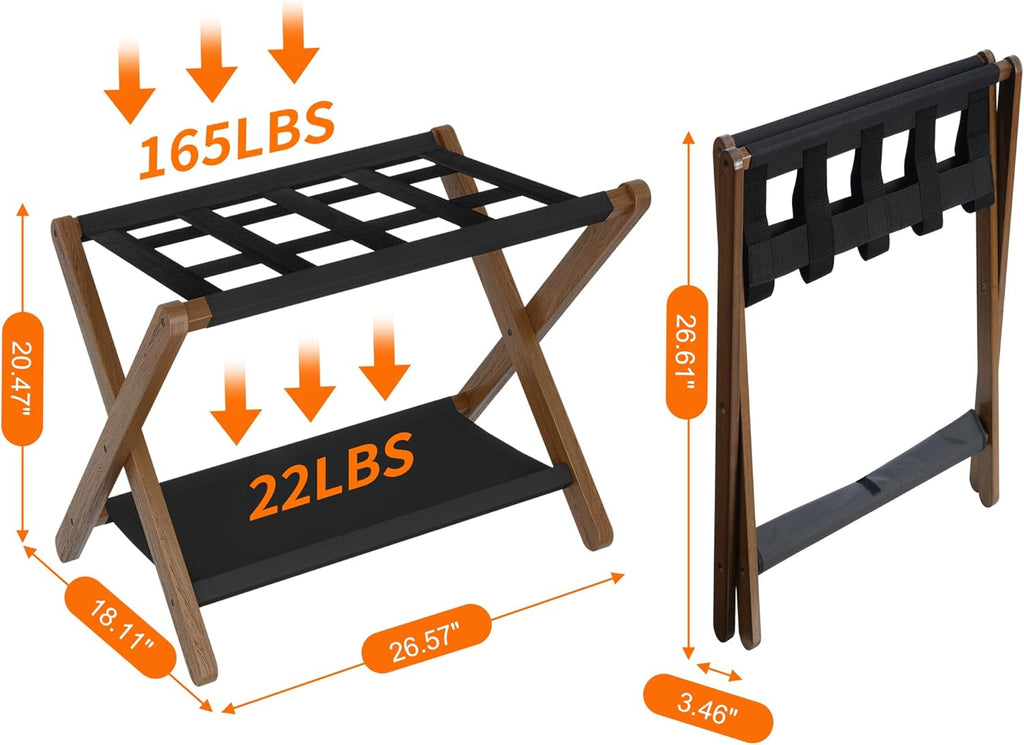 Heybly Luggage Rack, Folding Suitcase Stand with Storage Shelf, Luggage Holder with 5 Nylon Straps for Guest Room Bedroom Hotel, Walnut, HLR010WB1