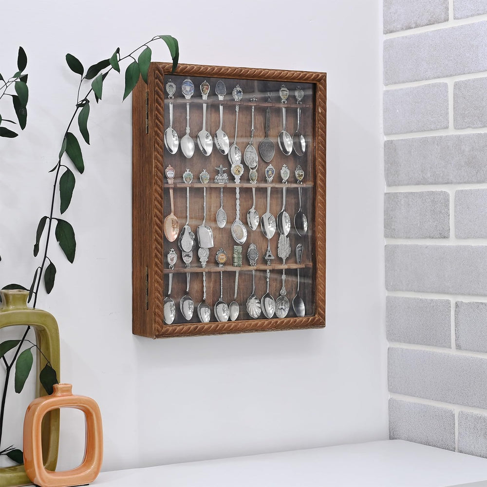 Ikee Design Wooden 30-Souvenir Spoon Display Case Cabinet, Wall-Mounted Tea S...