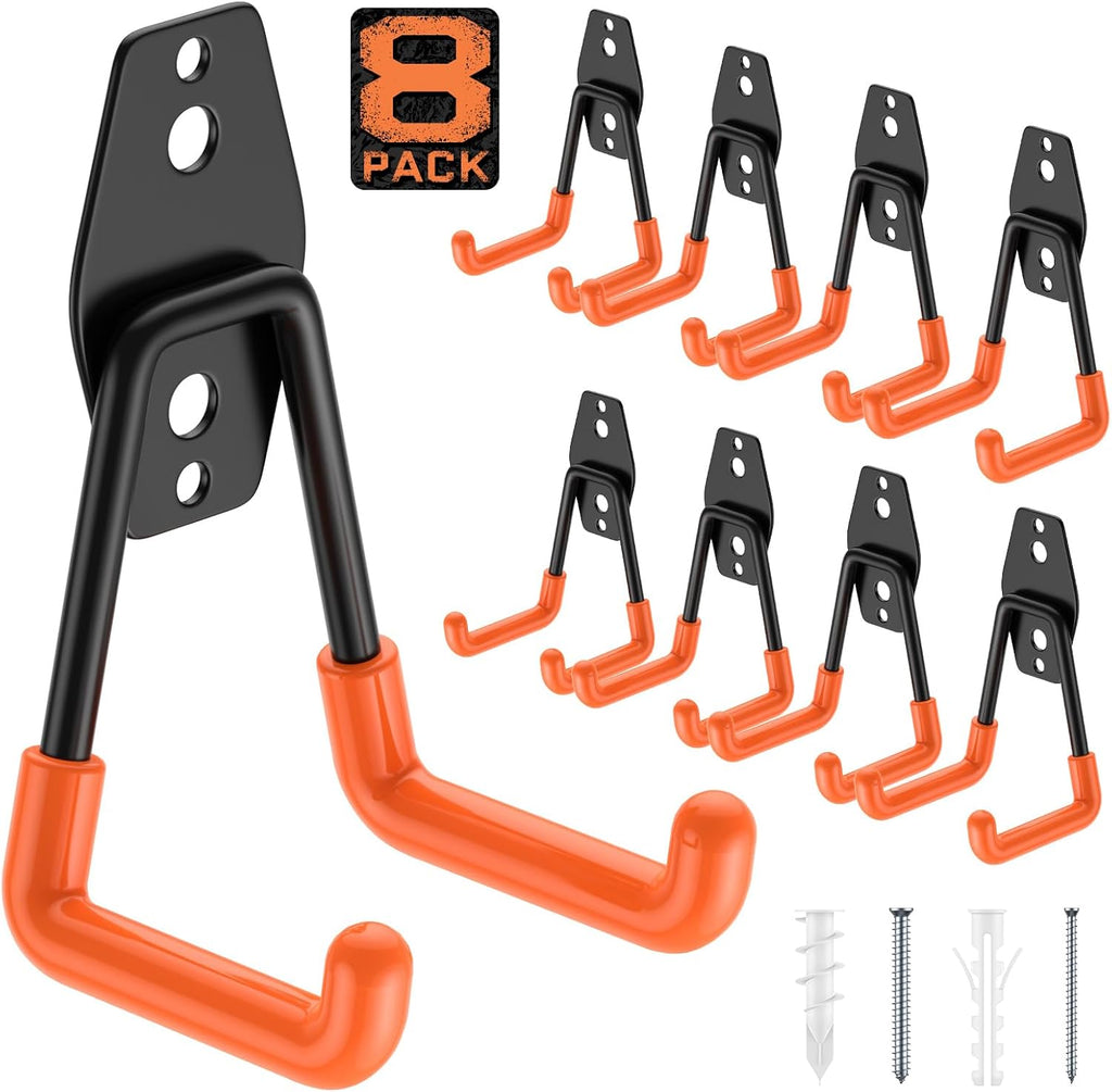 Garage Hooks with Anti-Slip Coating,Heavy Duty Wall Mount Storage Hooks for Hanging Bike,Hose,Ladder,Yard,Garden Tools (8 Pack Orange 4.5x2.75 inch)