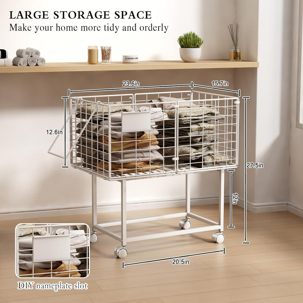 Wire Laundry Hamper, 80L Rolling Laundry Basket Cart on Wheels, Dirty Clothes Basket with Handle, Metal Clothes Hamper Organizer for Laundry Room, Bathroom, Bedroom, Dorm, White