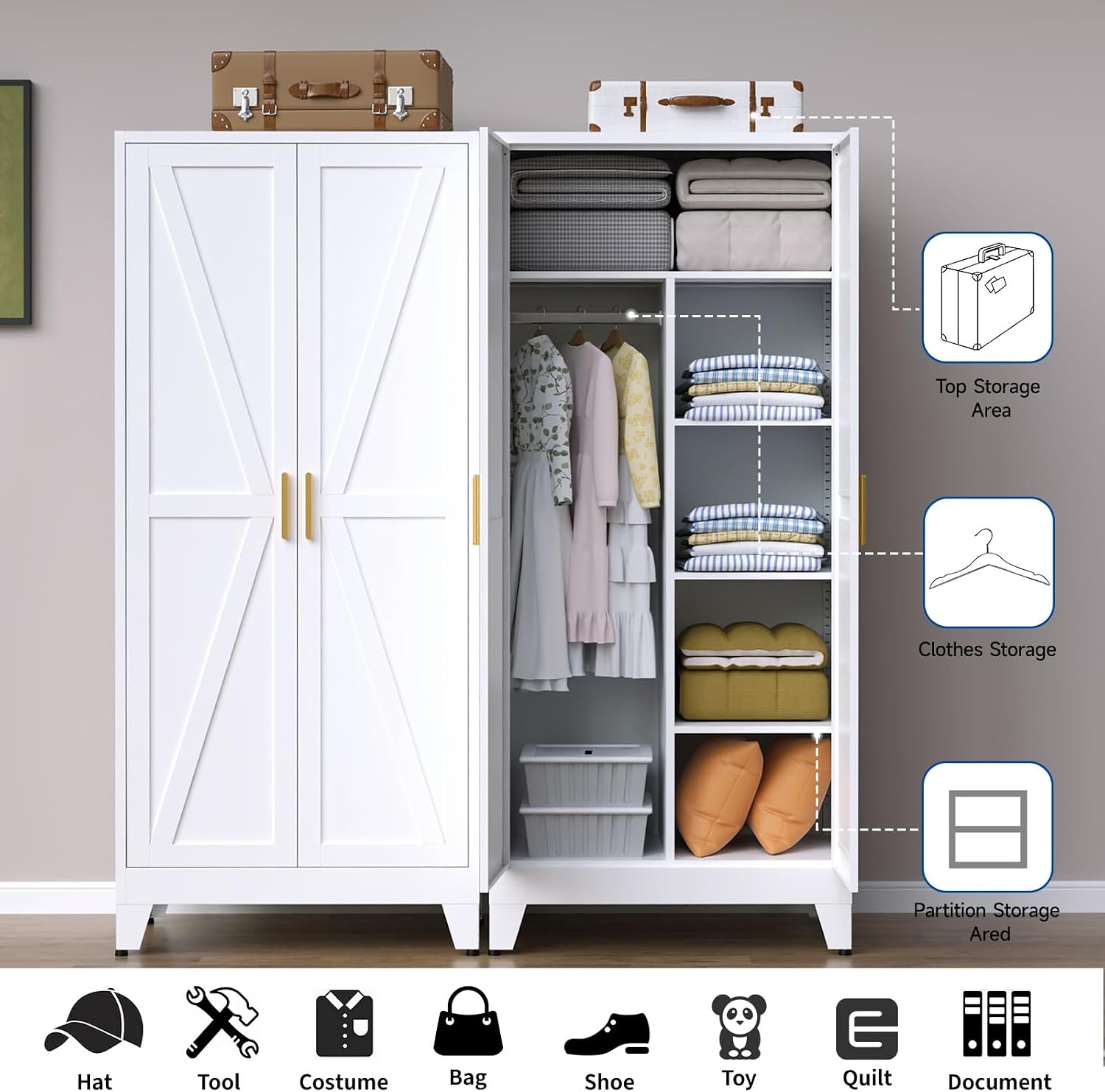 Metal Armoire Wardrobe Closet, 71" Clothing Storage Cabinets with 2 Doors & 3 Adjustable Shelves, White Wardrobe Cabinet with Hanging Rod for Bedroom, Gym