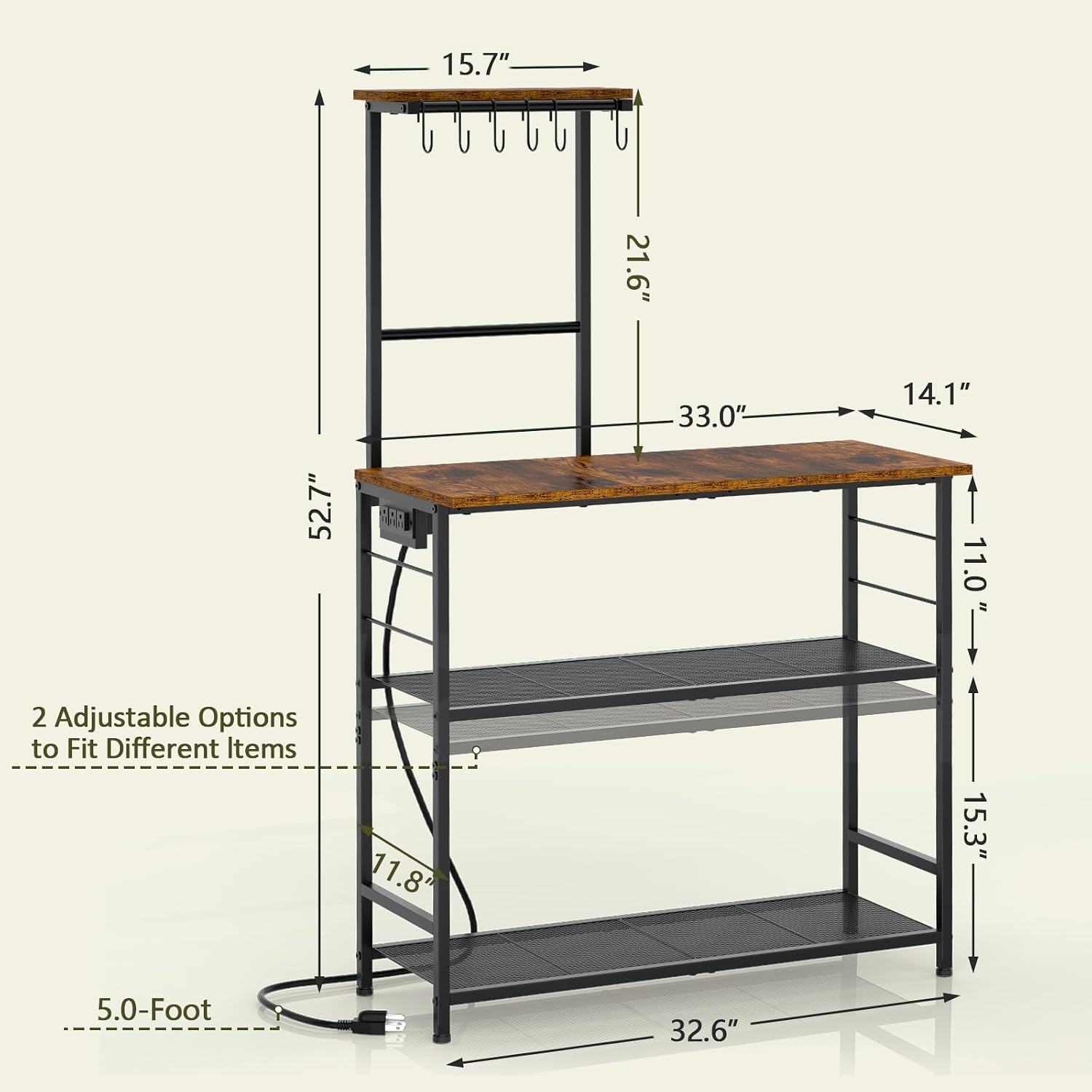 3IngSeagulls 4-Tier Bakers Rack with Power Outlet, 33 Inch Kitchen Microwave Stand with 6 S-Shaped Hooks, Coffee Bar Station with Adjustable Shelf, Rustic Brown