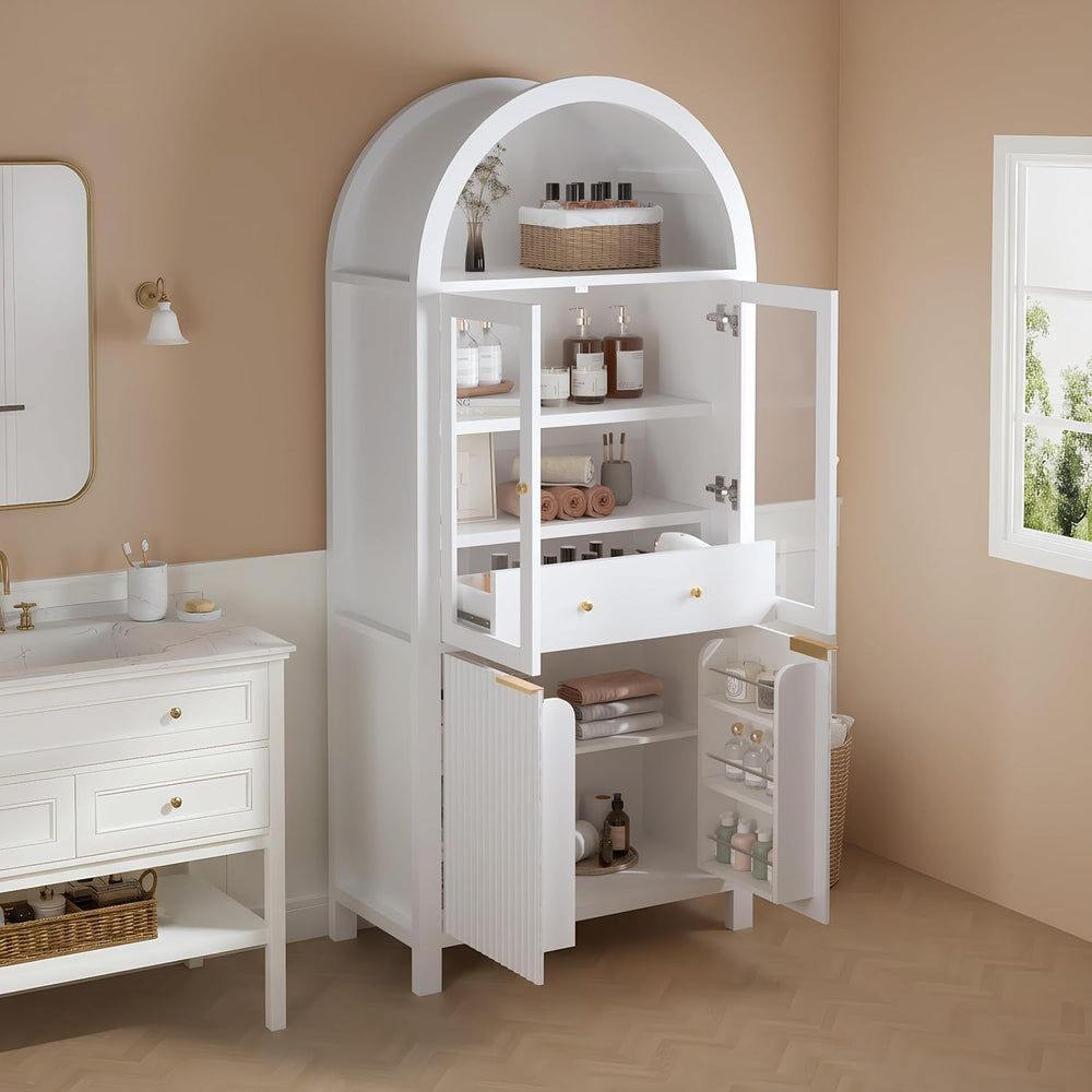 MERITLINE 71" Fluted Arched Pantry Cabinet with Glass Door & Hidden ...