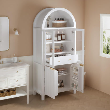 MERITLINE 71" Fluted Arched Pantry Cabinet with Glass Door & Hidden Drawer - Tall Display Storage Cabinet with Adjustable Shelves for Kitchen, Dining Room, Living Room (White)