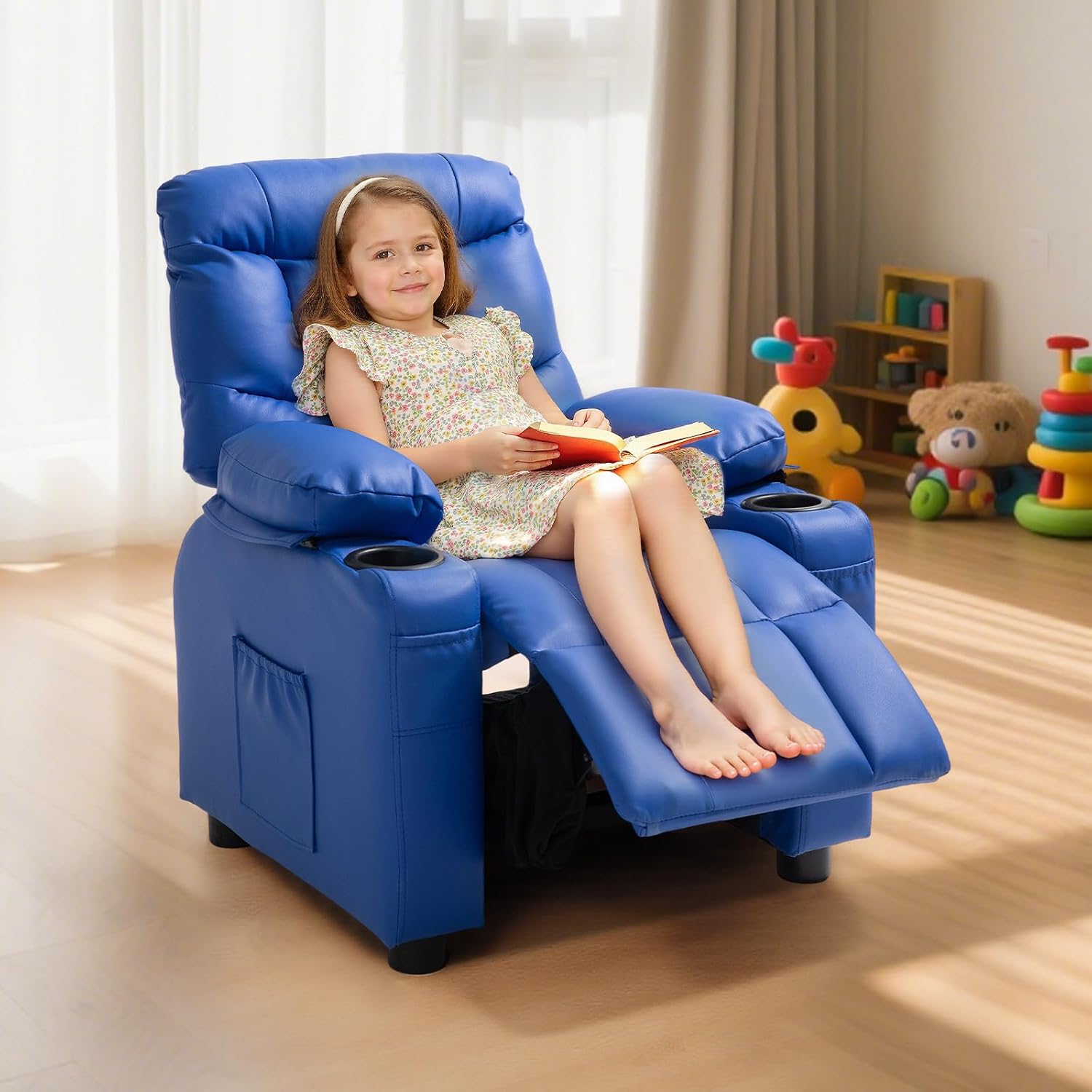 VEVOR Kids Reclining Chair, Toddler Recliner with 2 Cup Holders and 4 Pockets, 107° to 126° Adjustable Back, Easy-to-Clean PU Leather Recliner Couch with Footrest, for Boys, Girls & Children (Blue)