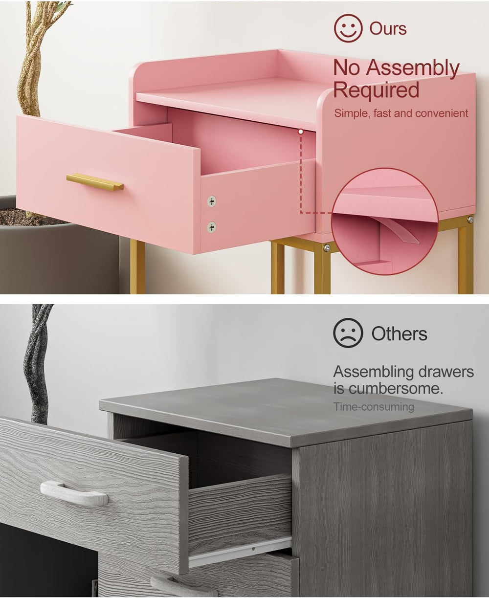 Nightstand, Modern Bedside Table with Drawer and Legs,Pink and Gold Night Sta...