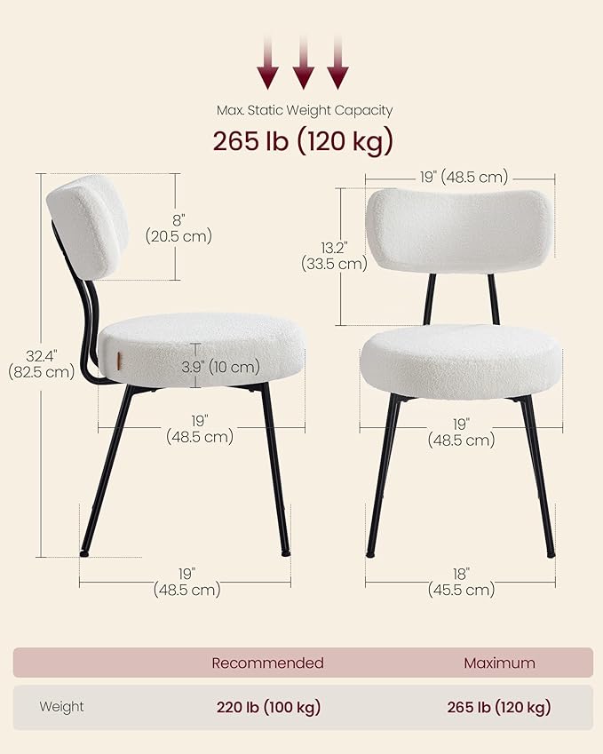 VASAGLE Boucle Dining Chairs Set of 2, Upholstered Kitchen Dining Room Chairs with Curved Backrest and Steel Frame, Modern Mid Century, Round, for Vanity, Living Room, Cream White UKDC110W01