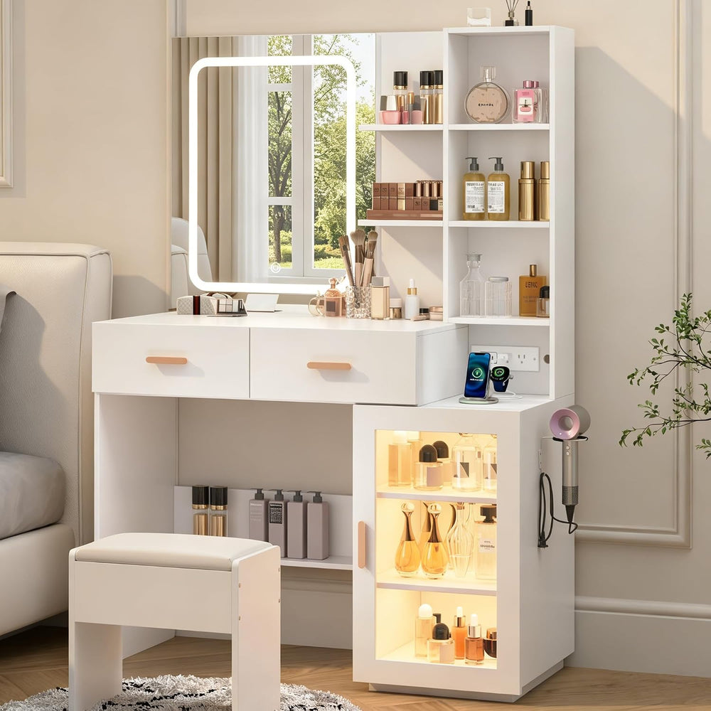 BZK White Makeup Vanity Desk with LED Lighted Mirror & Charging Station, ...