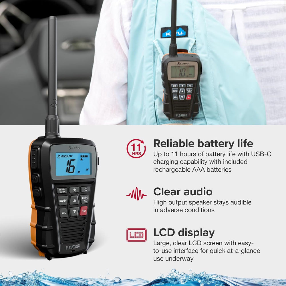 Cobra BlueBound 150 VHF Handheld Marine Radio, Black - 3-Watt, Floats