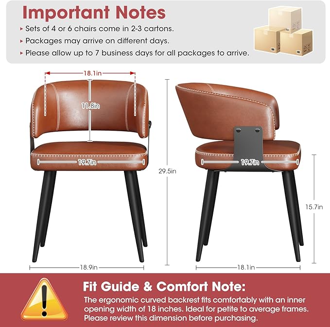 Modern Dining Chairs Set of 6, Upholstered Faux Leather Kitchen Side Chairs with Curved Open Back, Elegant Decorative Stitching, Easy Assembly for Dining Room, Restaurant, Cafe,Vintage Brown